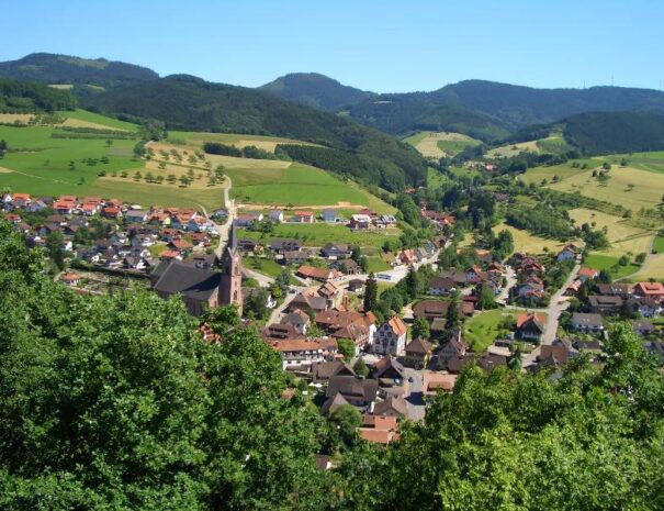 Panoramablick auf idyllisches Dorf in den Bergen mit grünen Hügeln, Wäldern, Feldern und typischen Häusern, ländliche Landschaft in Süddeutschland, ideal für Natururlaub und Erholung